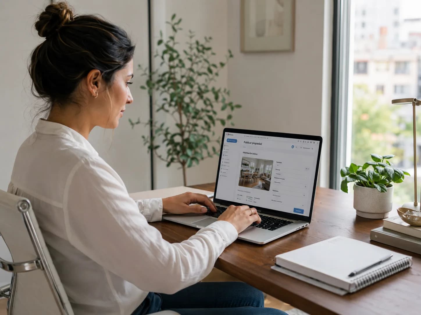 Persona creando una publicación inmobiliaria desde una laptop en un espacio de trabajo.